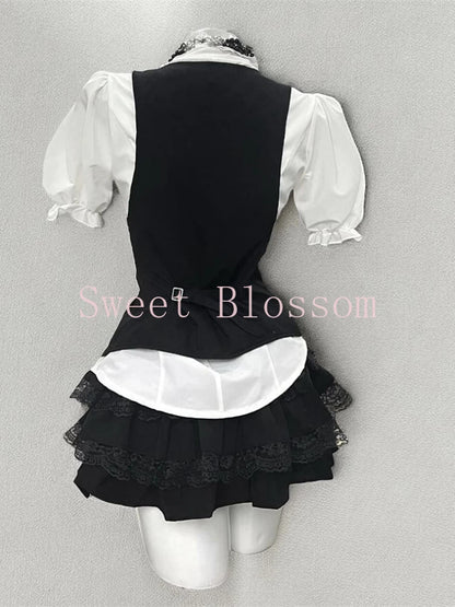 Jirai Kei Ruffle Blouse Black Vest & Lace Skirt 3-Piece Set Shoptery