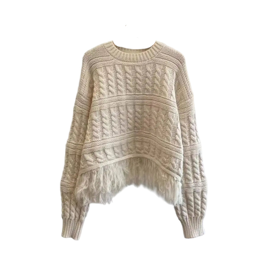 Alt Grunge Fringe Striped Sweater creamy-white Shoptery
