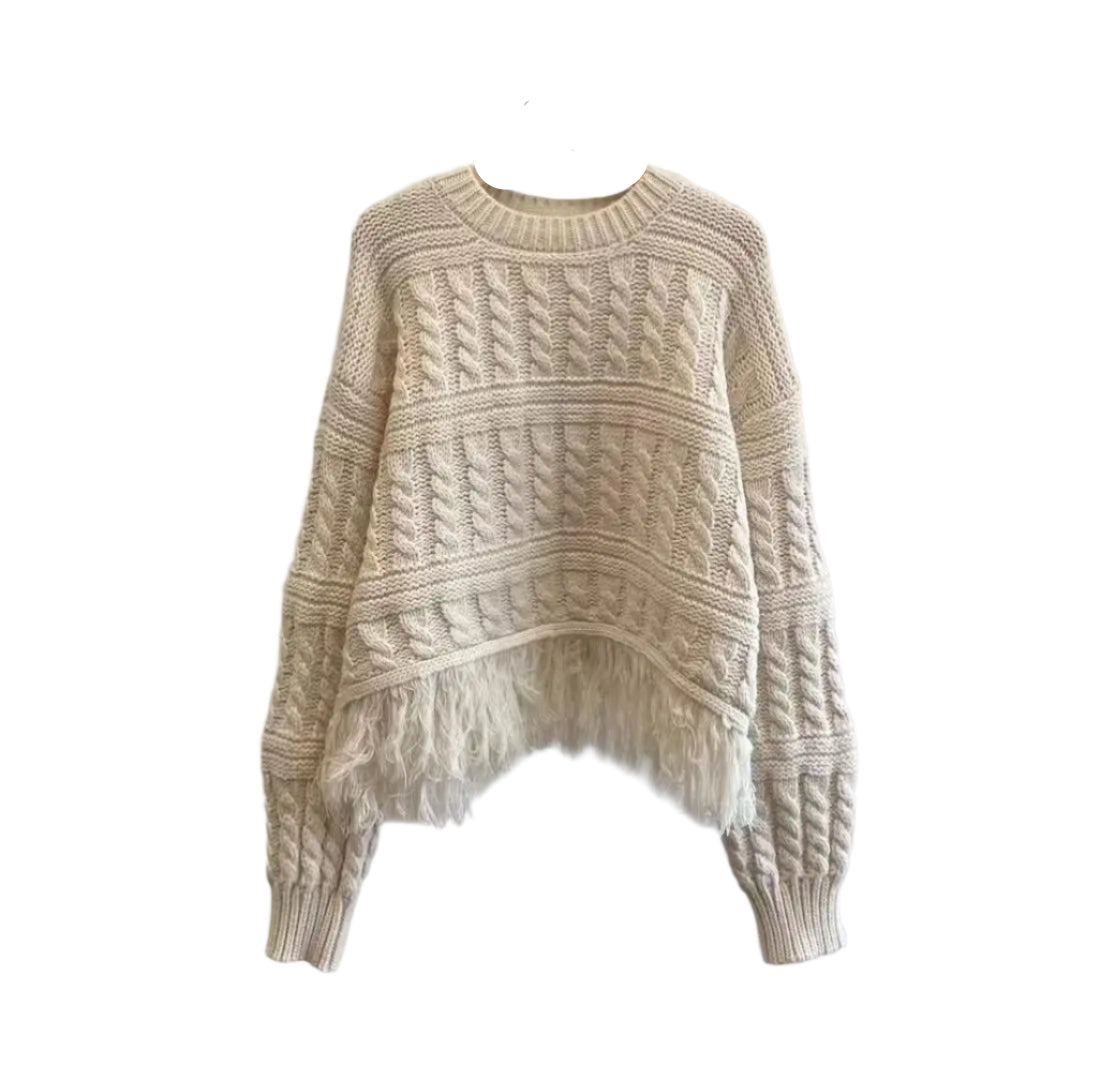 Alt Grunge Fringe Striped Sweater creamy-white Shoptery
