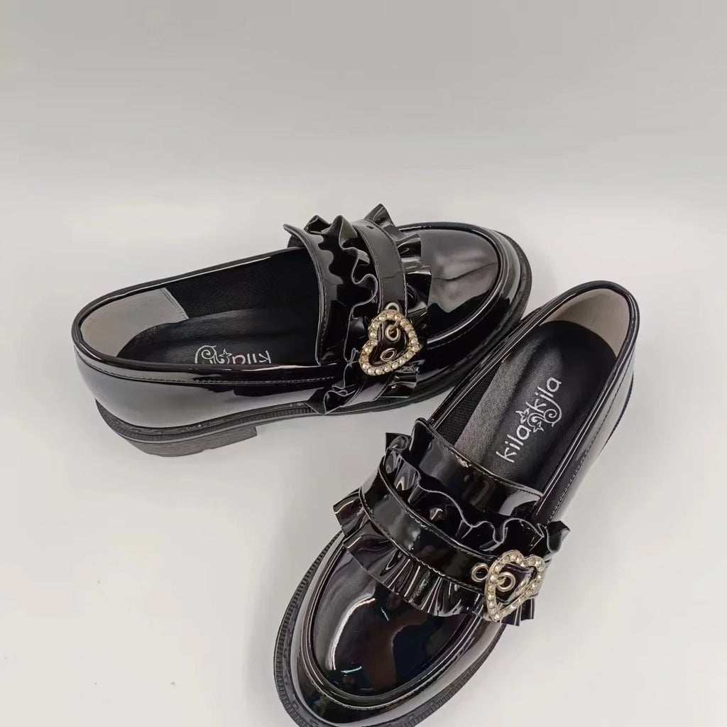Jirai Kei Patent Ruffle Loafers with Rhinestone Heart Buckle Shoptery