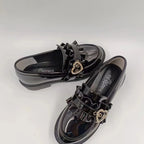 Jirai Kei Patent Ruffle Loafers with Rhinestone Heart Buckle Shoptery
