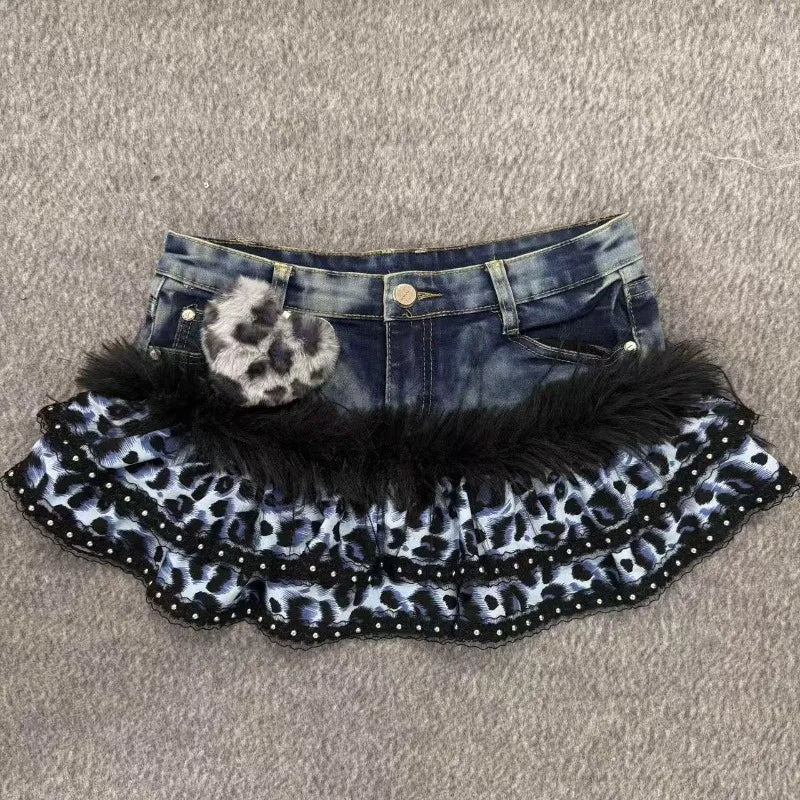 Gyaru Leopard Faux Fur Ruffle Denim Mini Skirt with Pom Charm A8 Shoptery