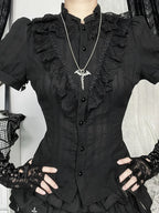 Jirai Kei Black Lace Ruffle Blouse with Bat Cross Necklace Shoptery
