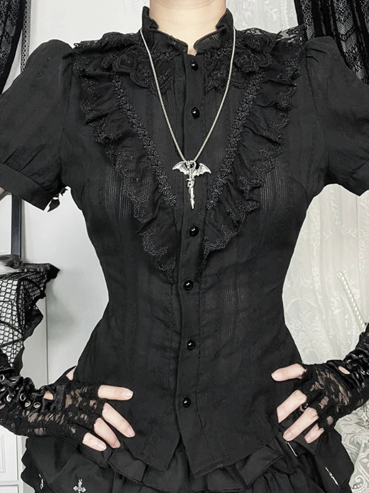 Jirai Kei Black Lace Ruffle Blouse with Bat Cross Necklace Shoptery