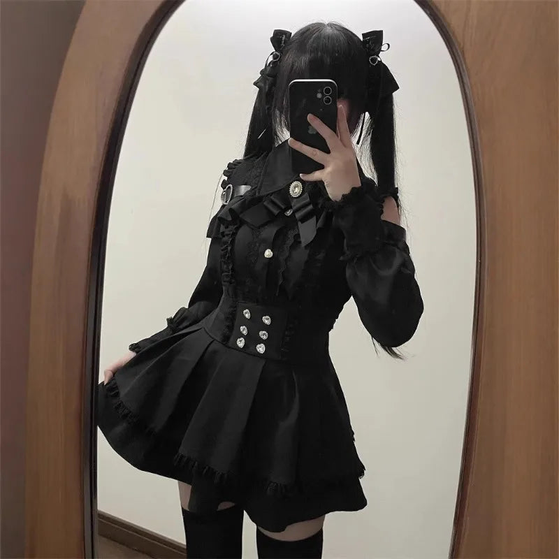 Jirai Kei Red Ruffle Blouse & Black Pleated Skirt Gothic Set Shoptery