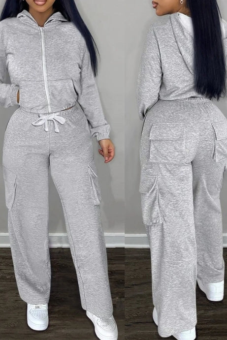 Women's Long Sleeve Crop Sweatshirt & Pocket Design Sweatpants Set