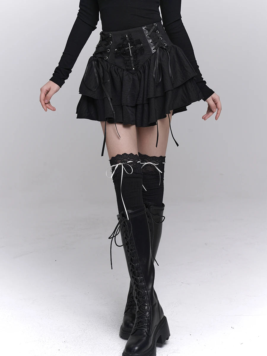 Visual Kei Cross Emblem Lace-Up Layered Ruffle Mini Skirt Shoptery