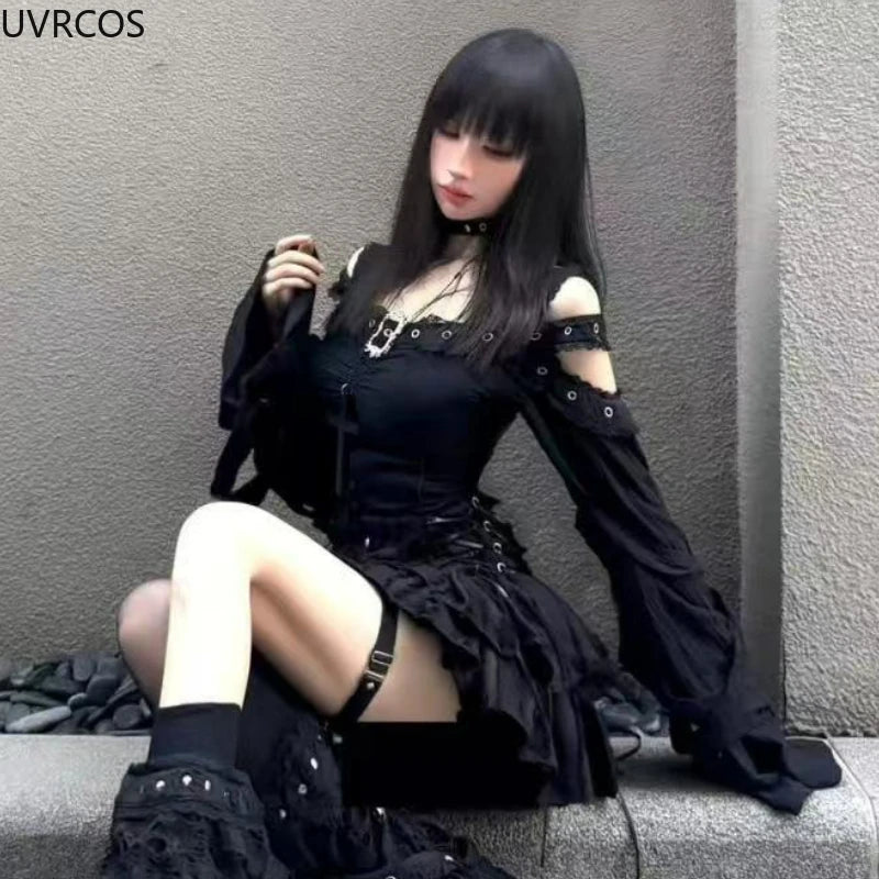 Jirai Kei Black Gothic Cross Lace Cold-Shoulder Mini Dress Set Shoptery