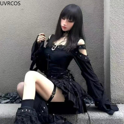 Jirai Kei Black Gothic Cross Lace Cold-Shoulder Mini Dress Set Shoptery