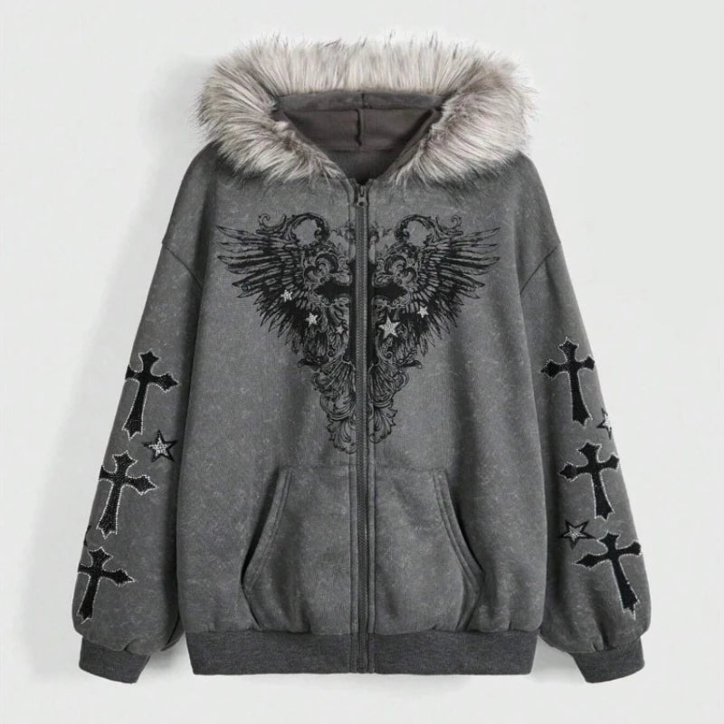 Fallen Grace Cross Zip Hoodie Dark Gray Shoptery