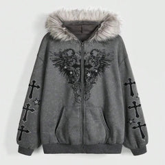 Fallen Grace Cross Zip Hoodie Dark Gray Shoptery