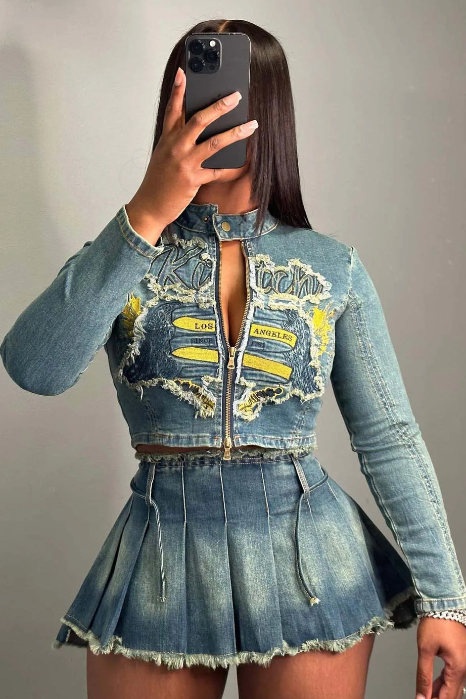 New Denim Cropped Jacket & Mini Skirt Sets