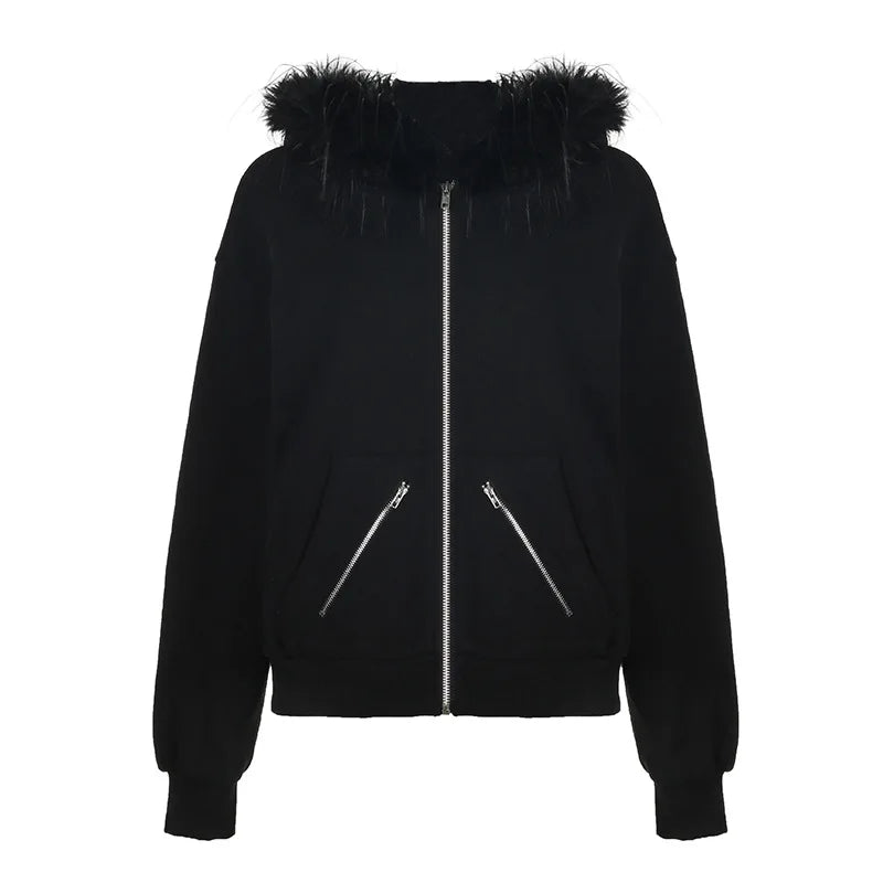 Alt Faux Fur Collar Hoodie black Shoptery