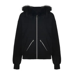 Alt Faux Fur Collar Hoodie black Shoptery