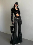 Visual Kei Cutout Crop Top & Flare Cargo Jeans Set with Studded Belt Shoptery