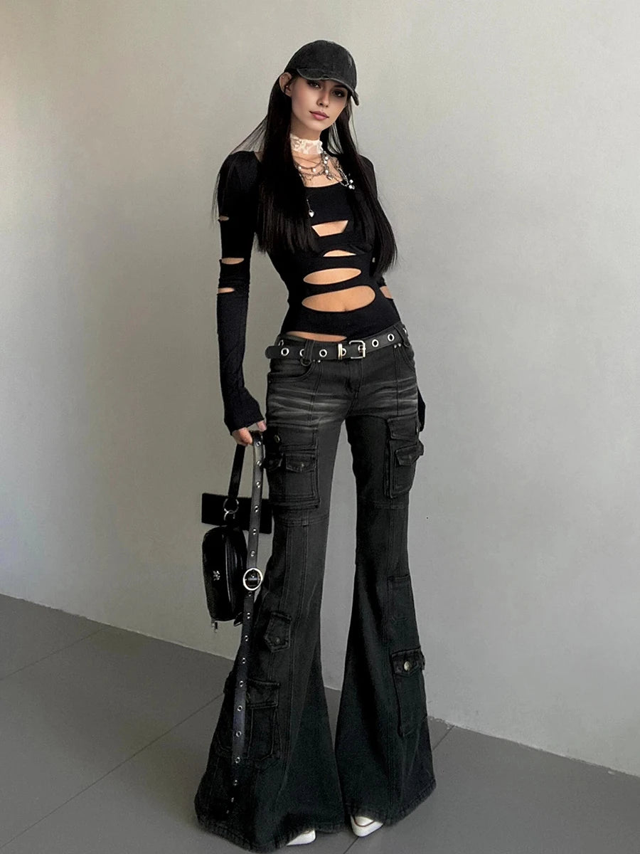 Visual Kei Cutout Crop Top & Flare Cargo Jeans Set with Studded Belt Shoptery