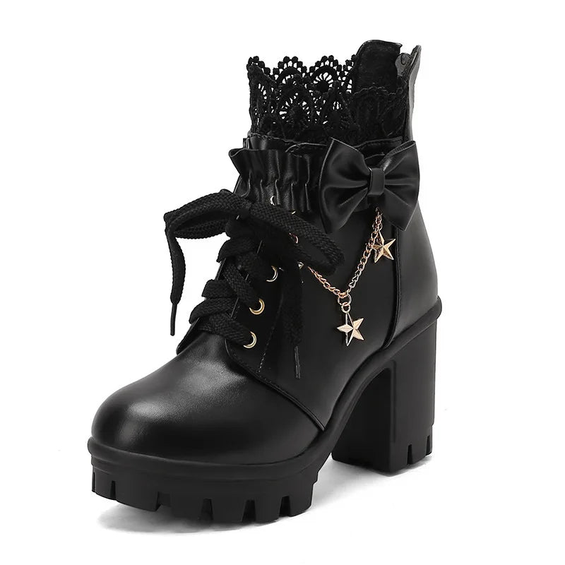 Jirai Kei Pink Lace Ruffle Bow Star Chain Platform Ankle Boots Heels 9cm 1 Shoptery