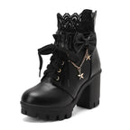 Jirai Kei Pink Lace Ruffle Bow Star Chain Platform Ankle Boots Heels 9cm 1 Shoptery
