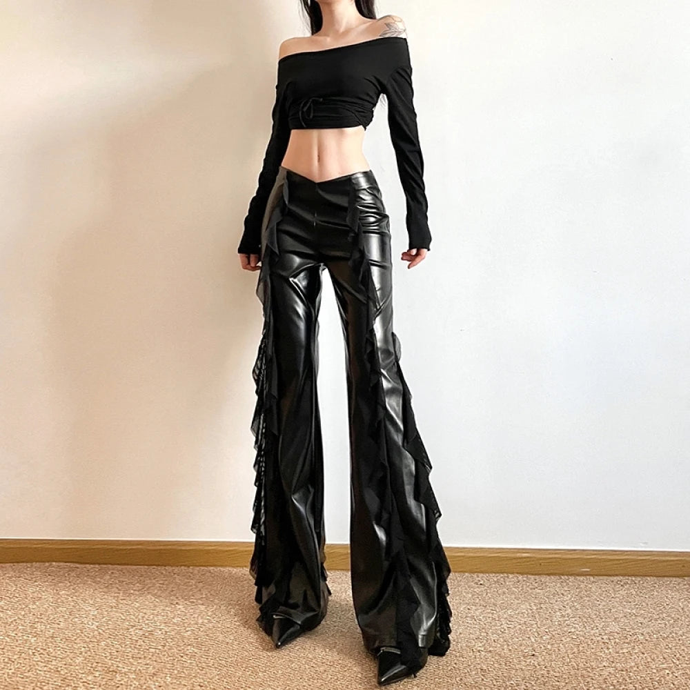 Visual Kei Faux Leather Ruffle Flare Pants & Off-Shoulder Crop Top Set Shoptery