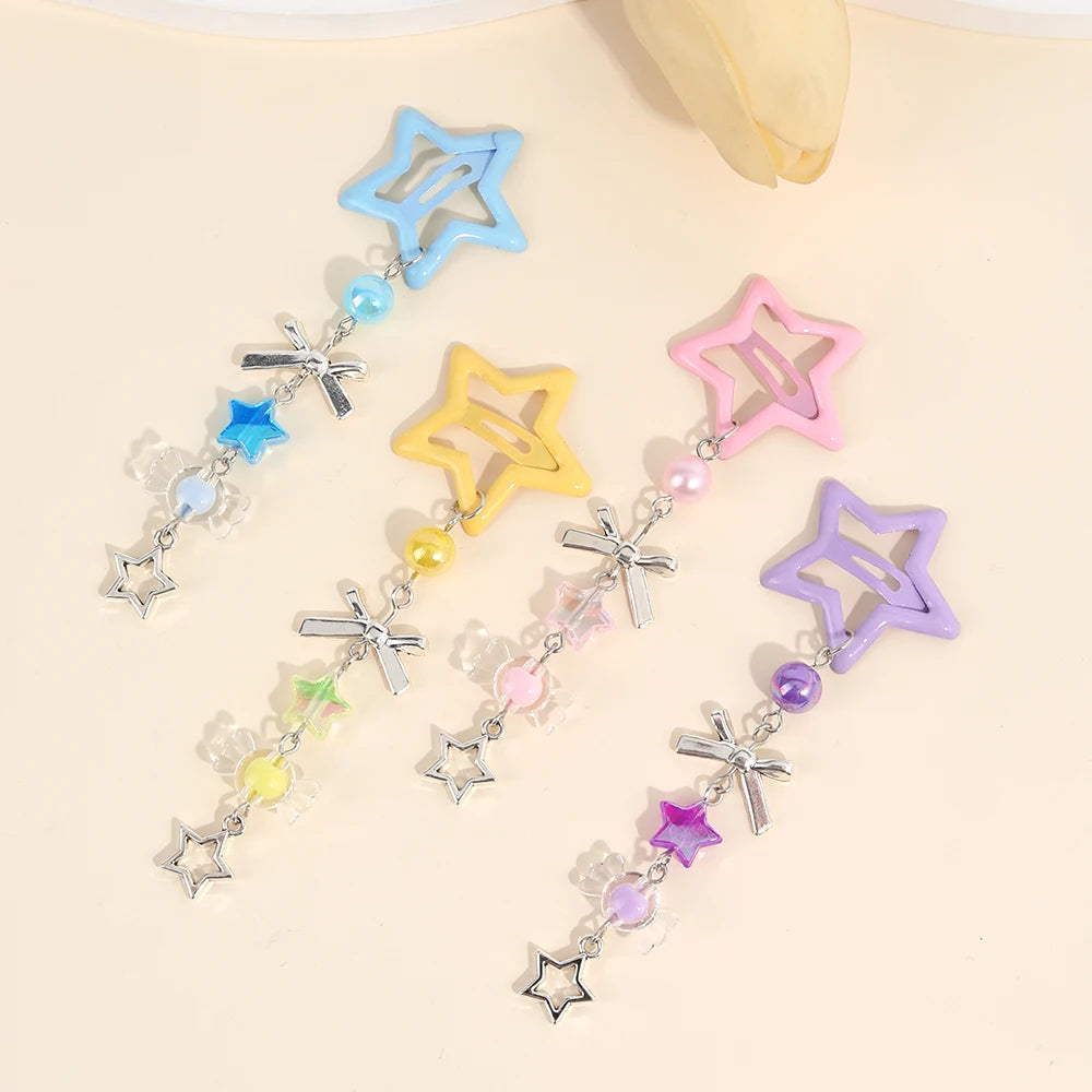 Decora Pastel Star Beaded Bow Dangle Hair Clips Set of 4 type01 Shoptery