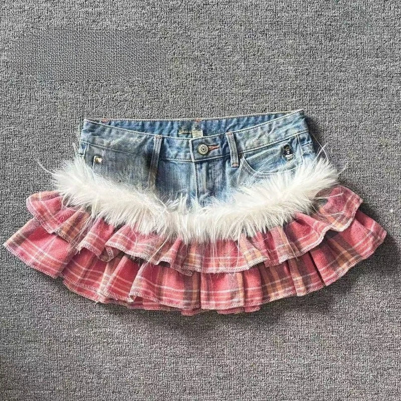 Gyaru Leopard Faux Fur Ruffle Denim Mini Skirt with Pom Charm A6 Shoptery