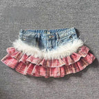 Gyaru Leopard Faux Fur Ruffle Denim Mini Skirt with Pom Charm A6 Shoptery