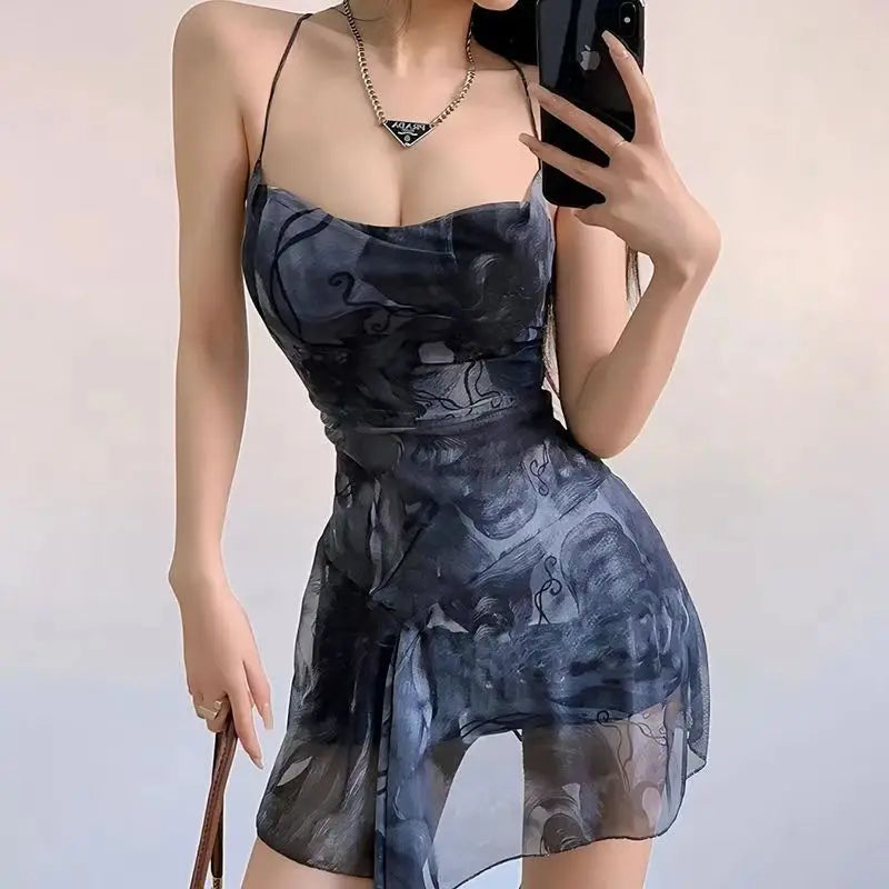 Edgy Ink Mirage Mesh Mini Dress Grey Blue Shoptery