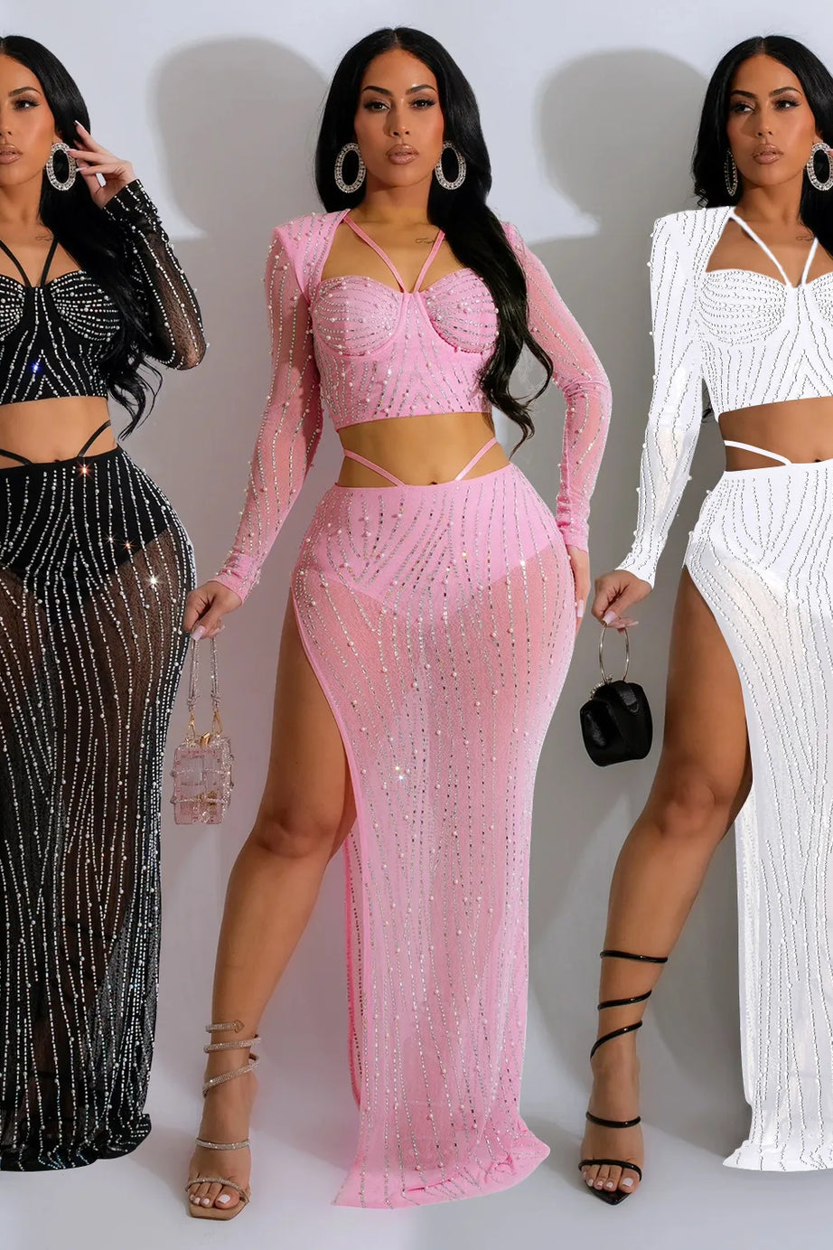 New Rhinestone Crop Tops 2 Piece Skirt Sets