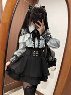 Jirai Kei Red Ruffle Blouse & Black Pleated Skirt Gothic Set Shoptery