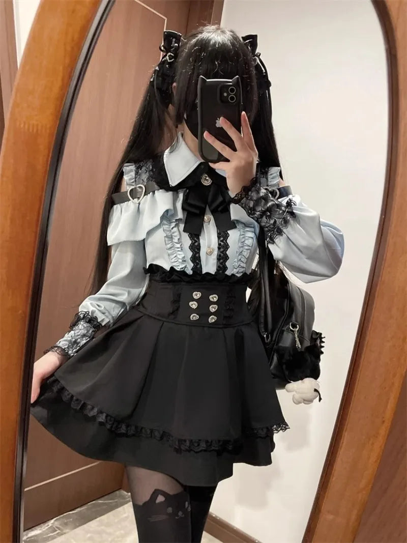 Jirai Kei Red Ruffle Blouse & Black Pleated Skirt Gothic Set Shoptery