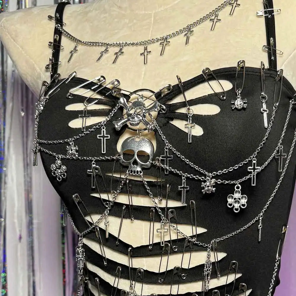Visual Kei Skull Safety Pin Cut-Out Cage Crop Top Shoptery