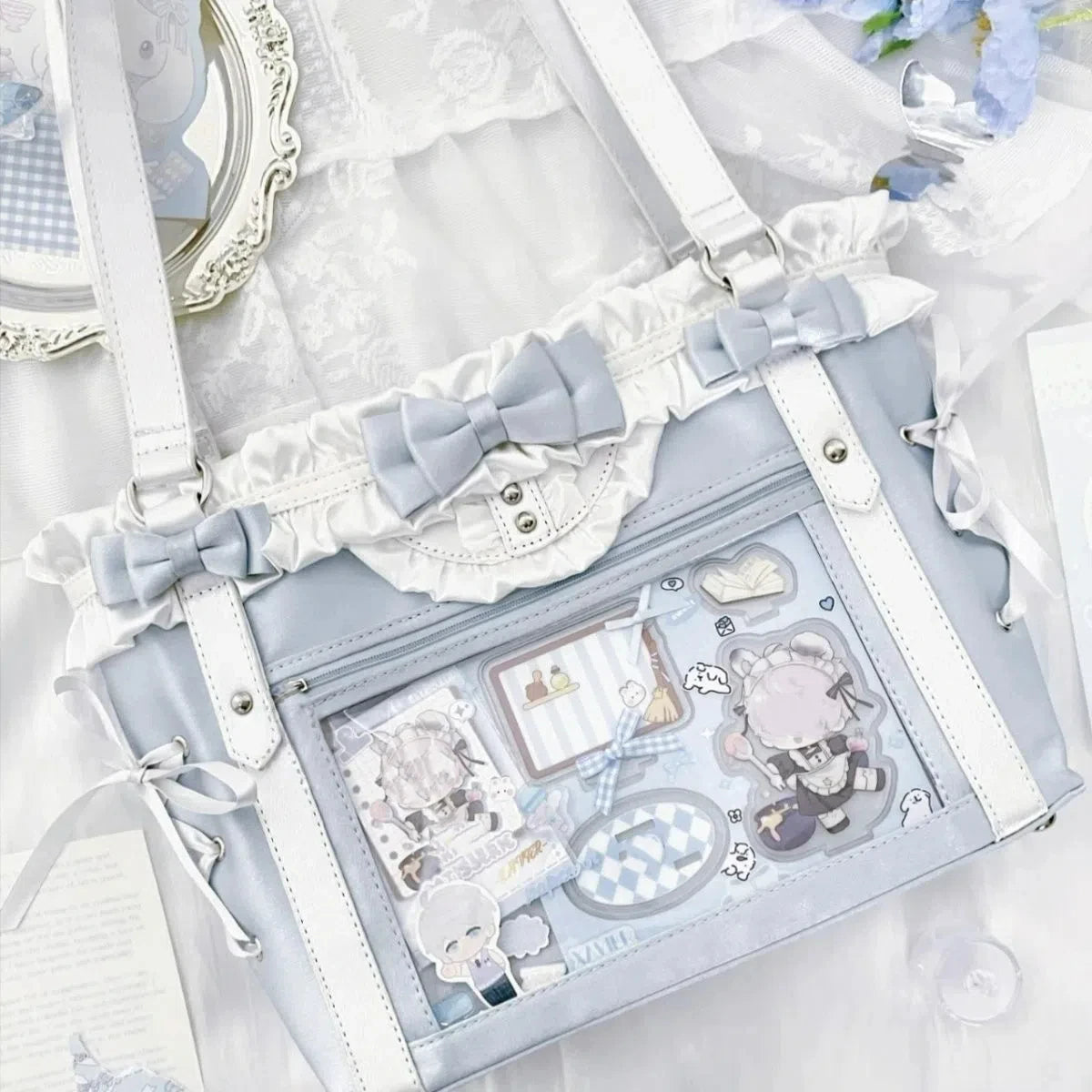 Jirai Kei Gothic Ita Tote Bag with Bows, Frills & Pearl Charms blue only bag Shoptery