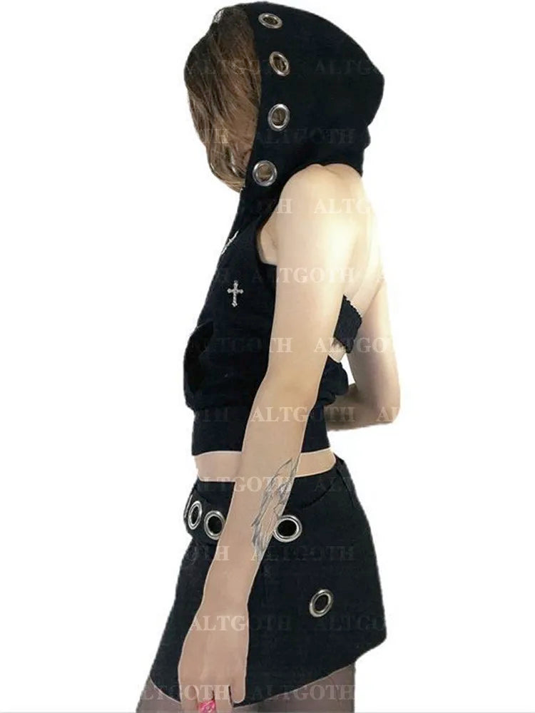 Visual Kei Cross Stud Eyelet Hooded Crop Vest with Belt Shoptery