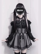 Jirai Kei Gingham Lace-Up Corset Dress with Off-Shoulder Lace Blouse Shoptery