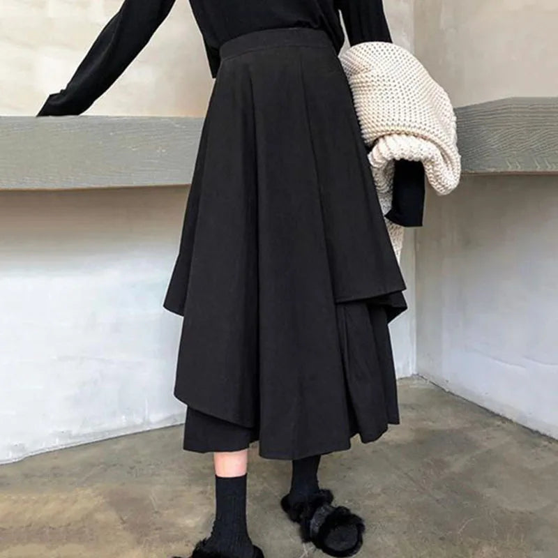 Mori Kei Asymmetric Layered Draped Midi Skirt in Black Black China Mainland Shoptery