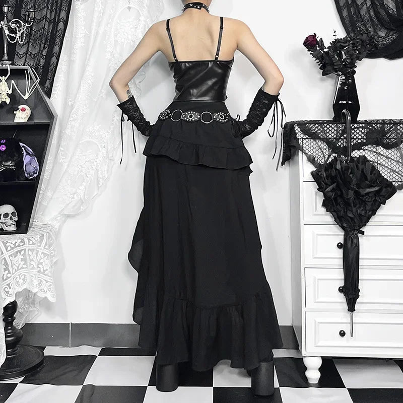 Visual Kei Black Faux Leather Corset & Asymmetric Ruffle Skirt Set Shoptery