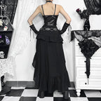 Visual Kei Black Faux Leather Corset & Asymmetric Ruffle Skirt Set Shoptery