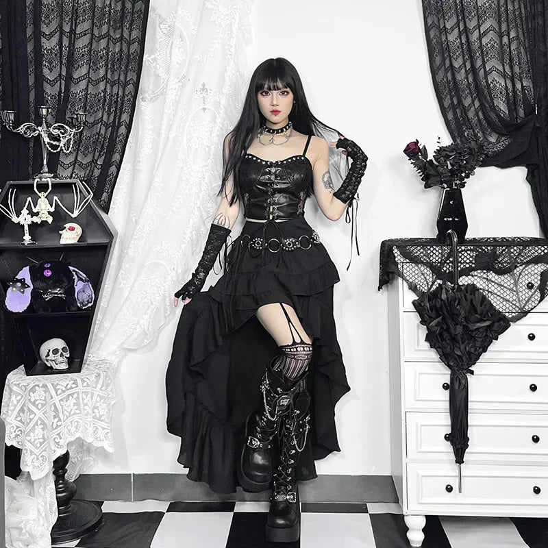 Visual Kei Black Faux Leather Corset & Asymmetric Ruffle Skirt Set Shoptery