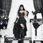 Visual Kei Black Faux Leather Corset & Asymmetric Ruffle Skirt Set Shoptery