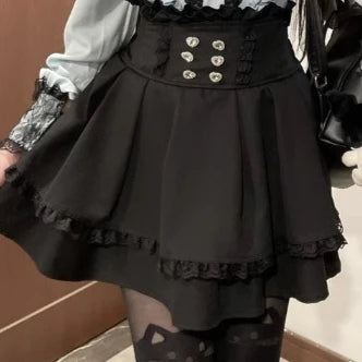 Jirai Kei Red Ruffle Blouse & Black Pleated Skirt Gothic Set Black Skirt Only Shoptery