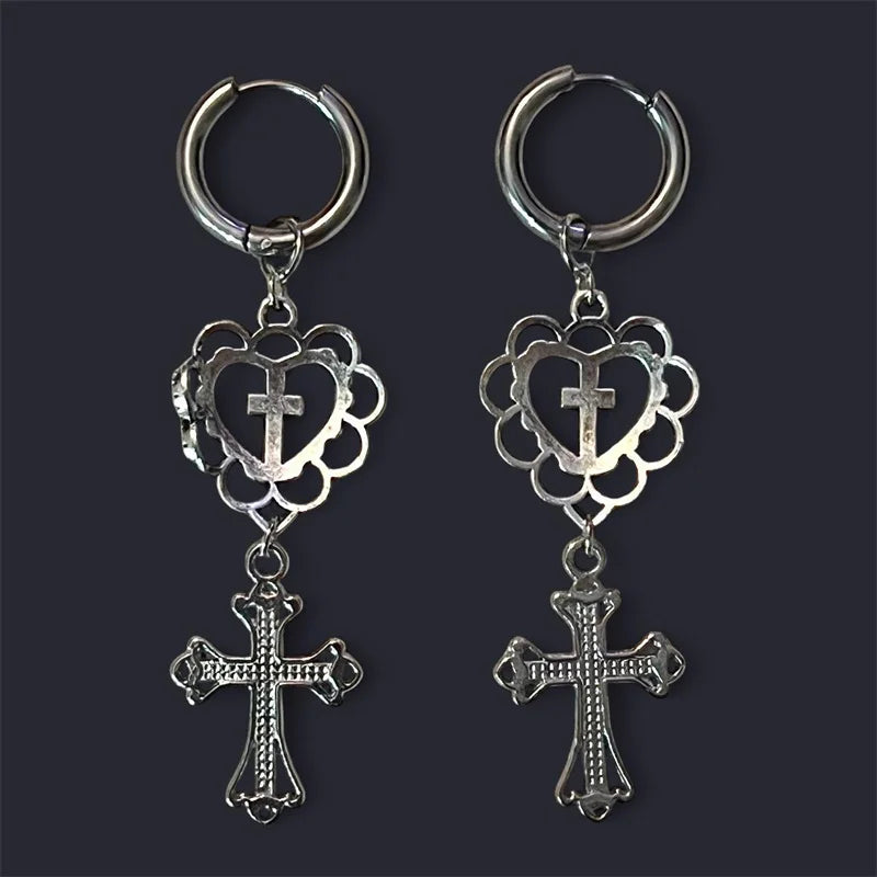 Visual Kei Filigree Heart & Crystal Cross Dangle Hoop Earrings 1 Shoptery