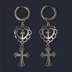 Visual Kei Filigree Heart & Crystal Cross Dangle Hoop Earrings 1 Shoptery
