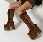 Jirai Kei Faux Fur Lace-Up Knee-High Platform Boots Brown Shoptery