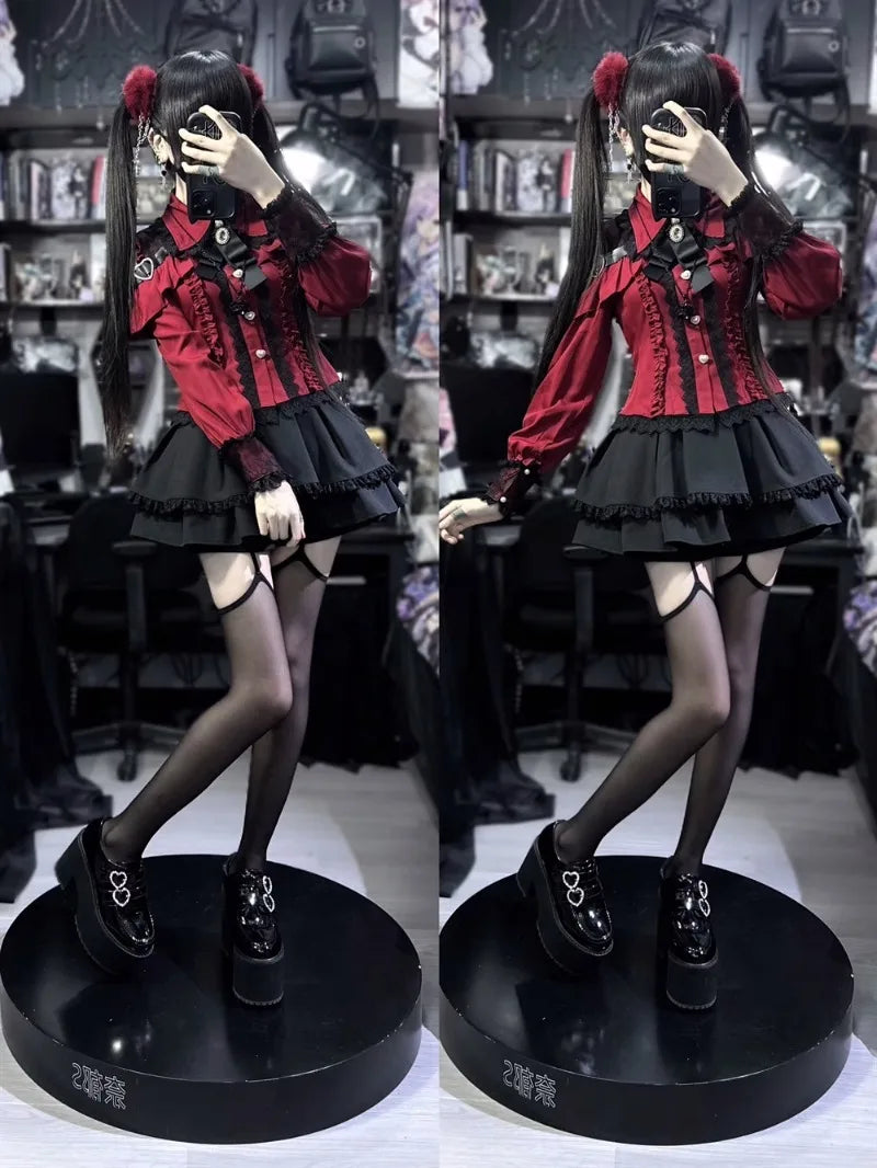 Jirai Kei Red Ruffle Blouse & Black Pleated Skirt Gothic Set Shoptery