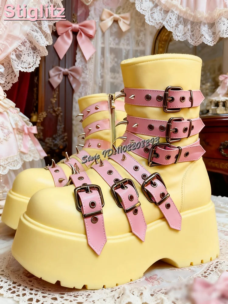 Jirai Kei Pastel Faux Fur Platform Boots with Spiked Buckle Straps yellow 1 China Mainland Shoptery
