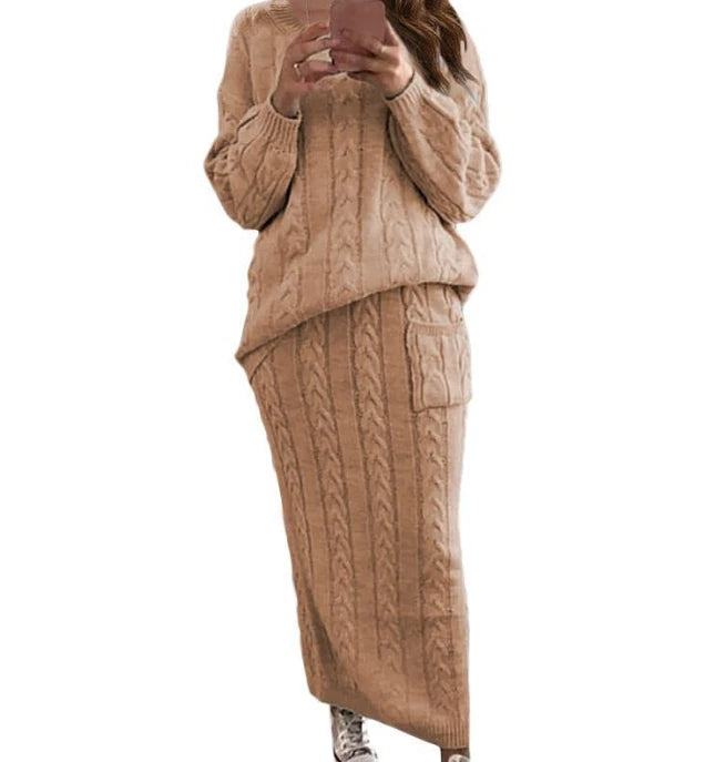 Women's Fashion Fried Dough Twists Knitting Sweater Suit Skirt Set