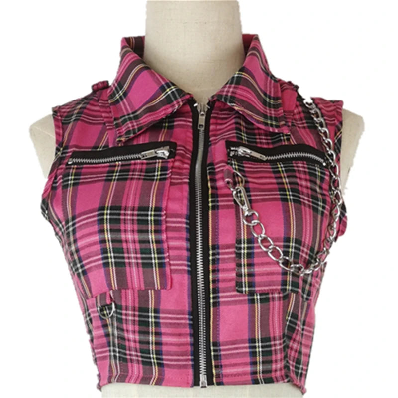 Jirai Kei Pink Tartan Plaid Zip Crop Top & Ruffle Mini Skirt Set 2808FG Shoptery