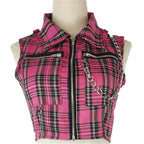 Jirai Kei Pink Tartan Plaid Zip Crop Top & Ruffle Mini Skirt Set 2808FG Shoptery