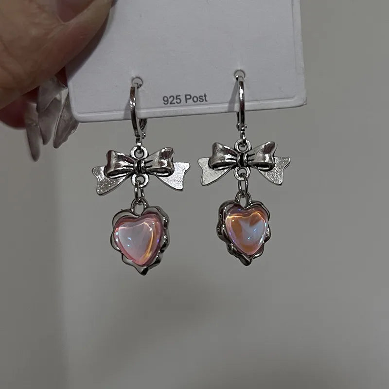 Jirai Kei Silver Bow & Iridescent Heart Dangle Hoop Earrings Secondary image