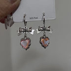 Jirai Kei Silver Bow & Iridescent Heart Dangle Hoop Earrings Shoptery
